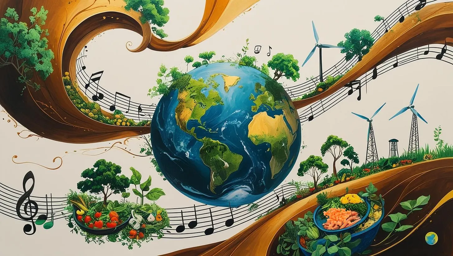 Earth surrounded by trees, plants, and wind turbines with flowing musical notes, symbolizing sustainable living and harmony with nature.